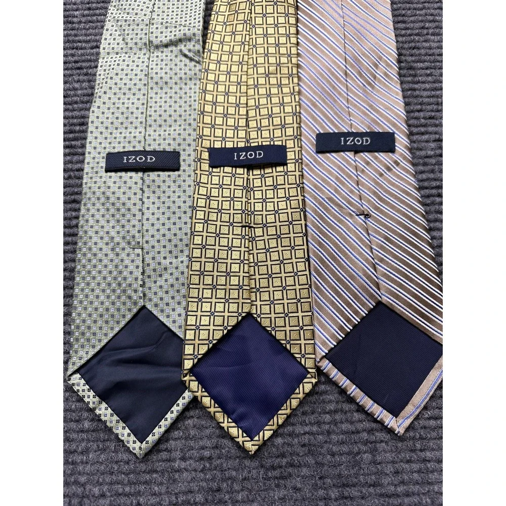 Izod Neckties‎ Lot of 3 Mens 100% Silk Green Gold Brown Geometric Stripe